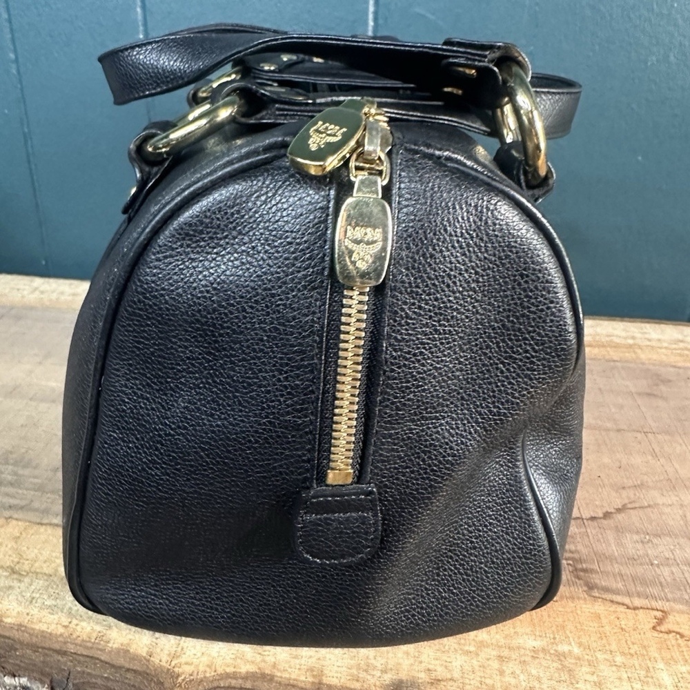MCM Munchen Black Leather Mini Boston Bowler Satchel Bag Gold Vintage - Picture 9 of 12